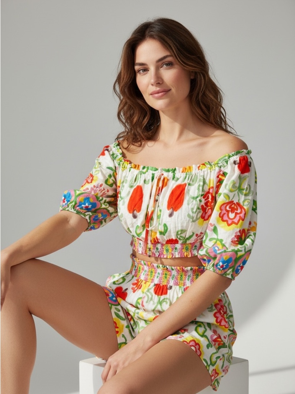 Farm Rio Tropical Off The Shoulder Floral Crop Top Size L